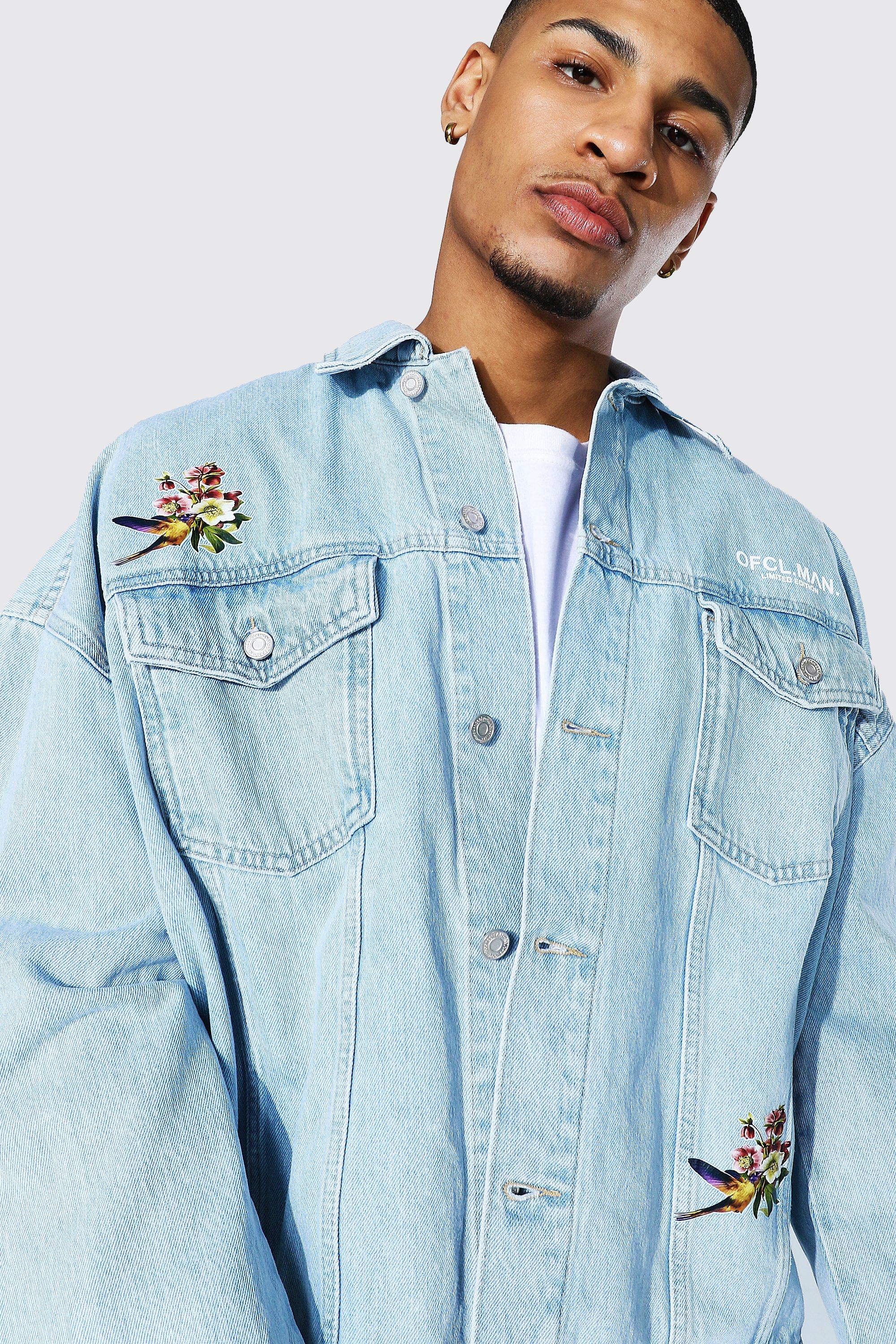 Mens denim jacket with roses sale